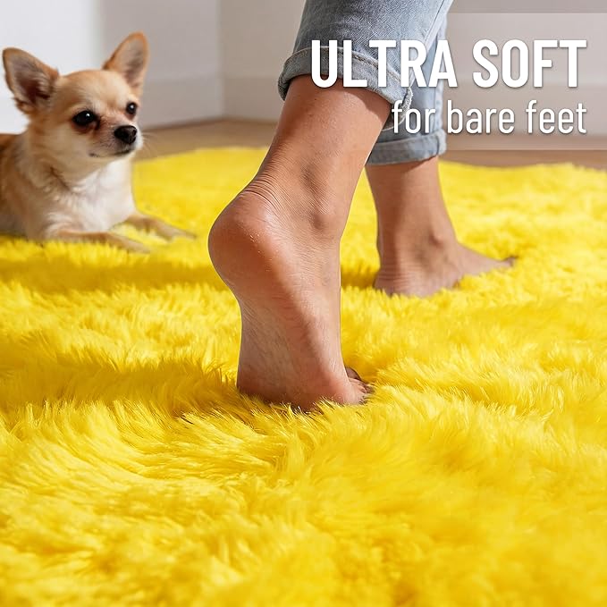 OLANLY Yellow Round Rugs for Bedroom - Machine Washable, 5 ft Circle Area Rugs for Living Room, Soft and Fluffy Shaggy Carpet for Teen Girl and Boys, Nursery Rooms, Dorms, Home Decor Aesthetic