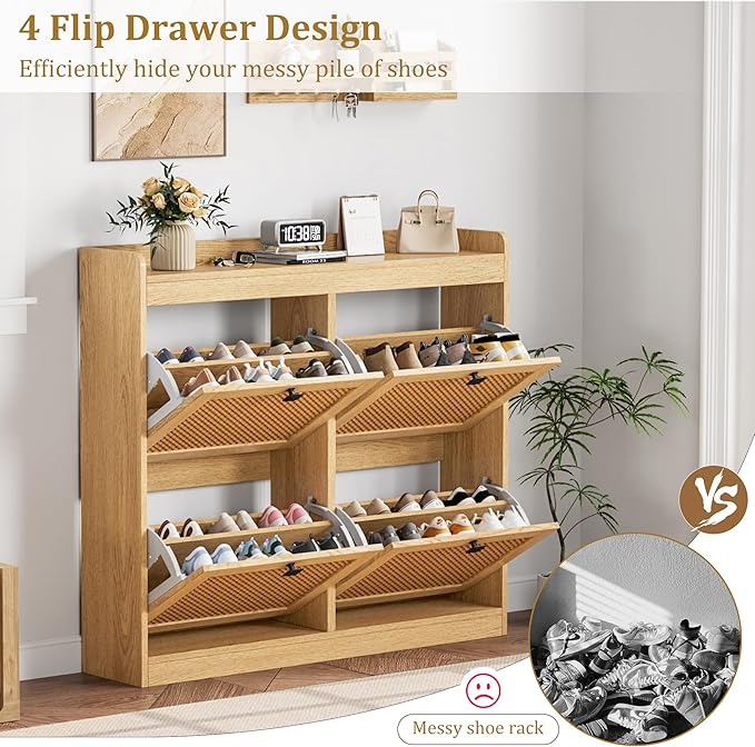 GarveeHome Shoe Cabinet Rattan with 4 Flip Drawers, Wooden Freestanding Shoe Organizer with Adjustable Shelves, Shoe Storage for Entryway, Closet, Hallway