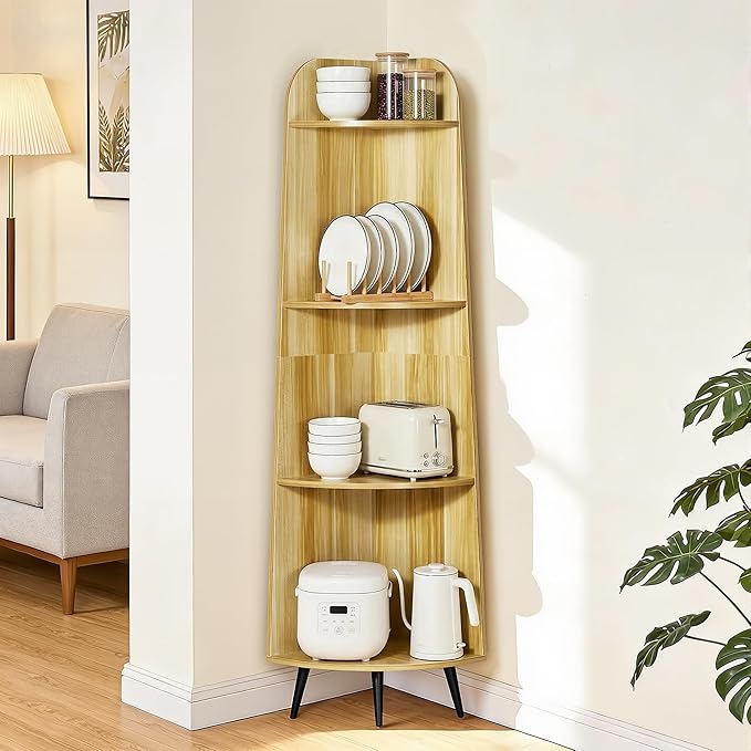 VECELO Large Tall Corner Shelf, 66.93" H 4-Tier Corner Storage Organizer, Freestanding Corner Display Rack for Living Room Bedroom Home Office, Natuarl Wood