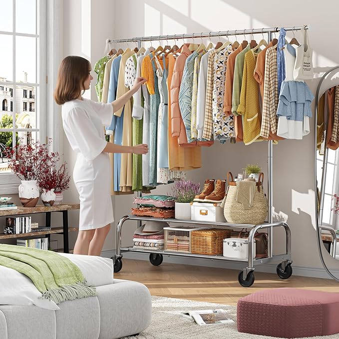 Simple Trending Heavy Duty Clothes Clothing Rack for Hanging, Rolling Garment Rack with Shelves