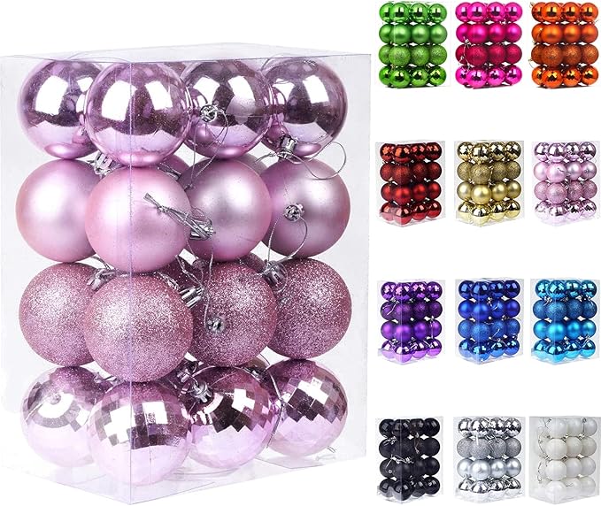 Emopeak 24Pcs Christmas Balls Ornaments for Xmas Christmas Tree - 4 Style Shatterproof Christmas Tree Decorations Hanging Ball for Holiday Wedding Party Decoration (Pink, 1.6"/4.2CM)