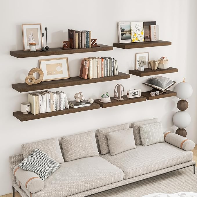 RICHFOCUS 48Inch Floating Shelves for Wall 2 Pack Shelves for Bedroom|Kitchen|Bathroom Wall Mounted Rustic Wood Floating Shelf with Invisible Brackets for Books|Storage|Decor, Walnut