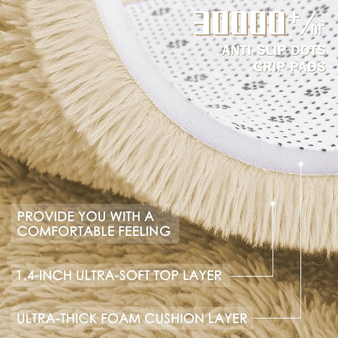 OLANLY Cream Round Rugs for Bedroom - Machine Washable, 3 ft Circle Area Rugs for Living Room, Soft and Fluffy Shaggy Carpet for Teen Girl and Boys, Nursery Rooms, Dorms, Home Decor Aesthetic