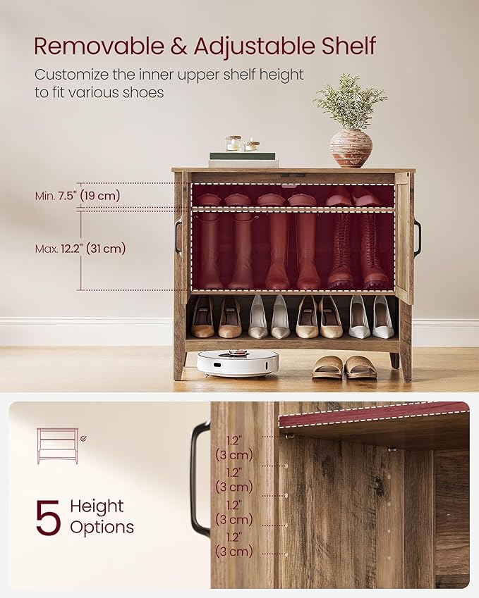 VASAGLE LIRY Collection - Shoe Cabinet, 3-Tier Storage Organizer, Shoe Shelf, Farmhouse Freestanding Cabinet, Height-Adjustable Shelf, 13.8 x 31.5 x 27.6 Inches, Honey Brown ULBC038B01