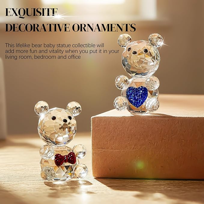 H&D HYALINE & DORA 2pcs Crystal Baby Bear Figurine Collection Animal Paperweight Table Centerpiece