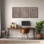 qmmp Modern Wooden Wall Sculptures - Set of 3 - Home Decor Accent - Large Wall Art for Living Room, Bedroom, Office - Easy Installation (Walnut, Large - Mountain and Sun, Unframed)