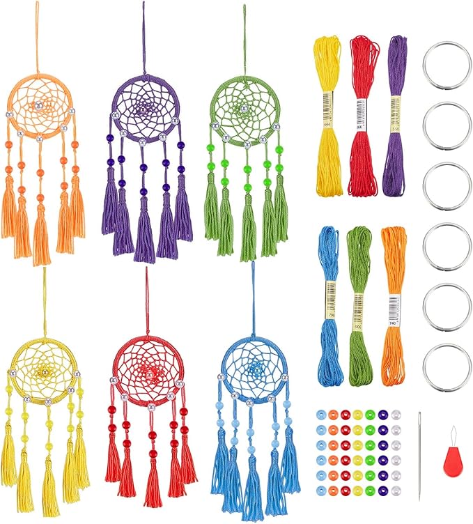 INFUNLY 6 Set Mini DIY Dream Catcher Kit - Rainbow Color Handmade Small Dream Catcher for Bag Pendant Car Interior Backpack Charm