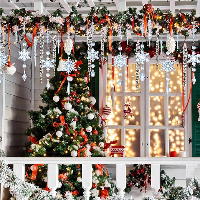 Giegxin 32 Pcs Crystal Christmas Ornaments Crystal Hanging Snowflakes Acrylic Xmas Tree Icicle Drop Decorations with Hooks for Christmas Snow Party Winter(Light Blue)