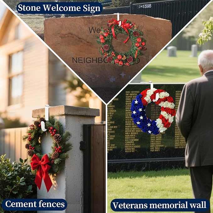 BEISE Wreath Hanger for Headstone, Adjustable 6"- 11", White 1 Pack, Non-Slip Sponge Grip, Fits Thick Upright Gravestone with Flat or Uneven Arched Tops, Easy Outdoor Cemetery Christmas Décor