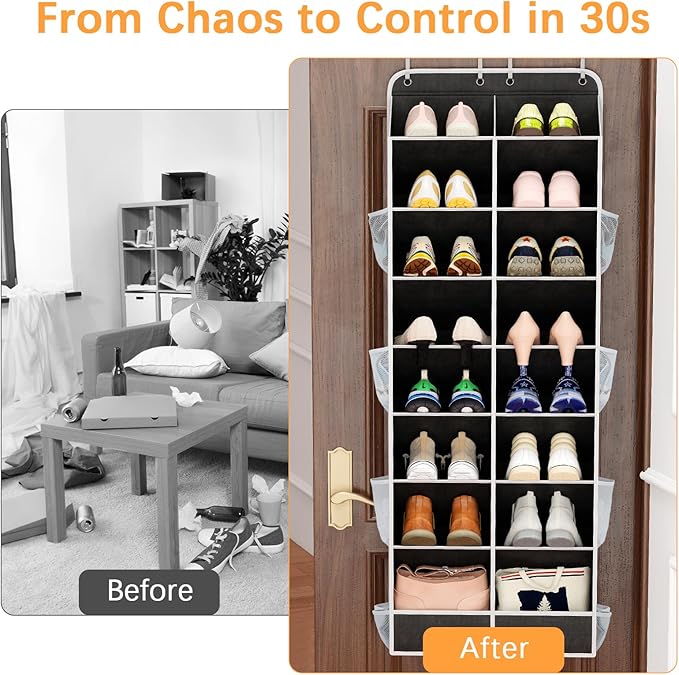 Yecaye 8 Tier Over the Door Shoe Organizer of Deep 16 Compartments, 50lbs Load Shoe Rack for Door in Oxford Holds 16-24 Pairs, Stain-Resistant Hanging Shoe Organizer for Closet, Black