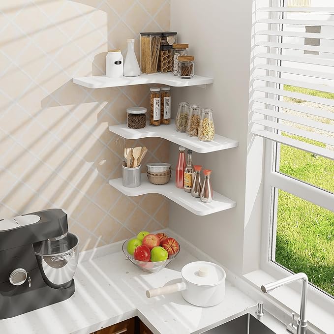 Homode Corner Floating Shelves, Set of 3 Corner Wall Shelves with Wire Hole, L-Shaped Wood Hanging Storage Shelf for Wall Decor, for Bathroom Kitchen Bedroom, White