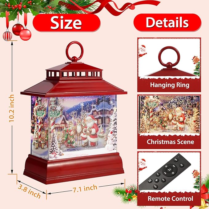 Christmas Snow Globe Lantern Water Glittering Lantern with 8 Songs & 6H Timer Romote Control Christmas Snow Globes USB & Battery Operated for Christmas Festival Decorations Gifts (Santa and Reindeer)