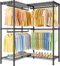 E15 Garment Rack L Shaped Clothes Rack for Corner，Freestanding Clothing Racks for Hanging Clothes，Heavy Duty Closet Organizer with 4 Hanging Rods & 8 S Hooks，43.4" W x 15.8" D x 78.4" H，Black