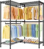 E15 Garment Rack L Shaped Clothes Rack for Corner，Freestanding Clothing Racks for Hanging Clothes，Heavy Duty Closet Organizer with 4 Hanging Rods & 8 S Hooks，43.4" W x 15.8" D x 78.4" H，Black
