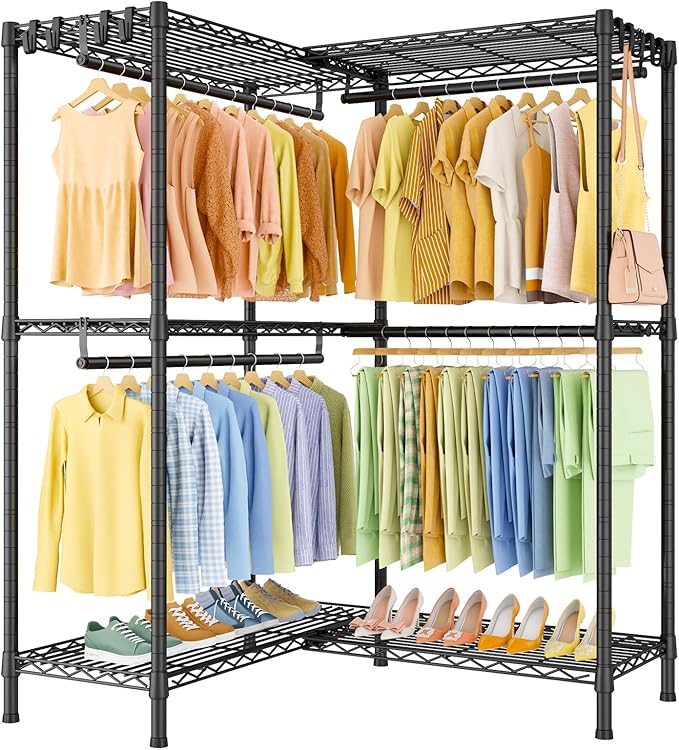E15 Garment Rack L Shaped Clothes Rack for Corner，Freestanding Clothing Racks for Hanging Clothes，Heavy Duty Closet Organizer with 4 Hanging Rods & 8 S Hooks，43.4" W x 15.8" D x 78.4" H，Black