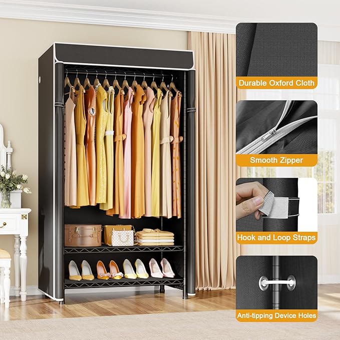 H5C Clothes Rack with Cover, Portable Closet for Hanging Clothes, Covered Clothing Racks Heavy Duty, Freestanding Garment Racks with Shelves Max Load 360LBS Black Closet Rack with Black Cover
