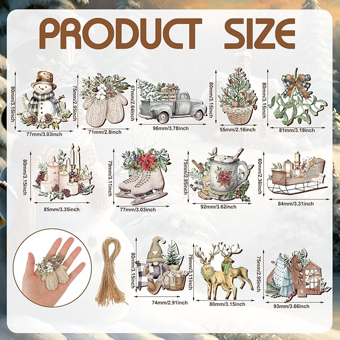 Suzile 36 Pcs Wooden Ornaments Vintage Tree Ornaments Decorations for Tree Wreaths Hanging Wood Cutouts Decor for Home Winter Party(Snowman Style)