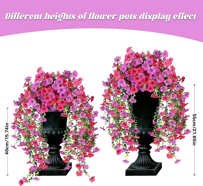 2PCS Artificial Flowers for Outdoors, UV Resistant Fake Silk Flowers for Outside, Realistic Faux Plants for Hanging Baskets, Planters - Porch, Patio, Garden Décor (Purple)
