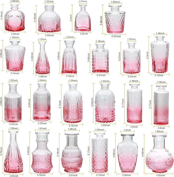 Brajttt Bud Vase Set of 25, Pink Glass Vases for Mini Flowers, Cute Vintage Set for Wedding, Home, Centerpieces