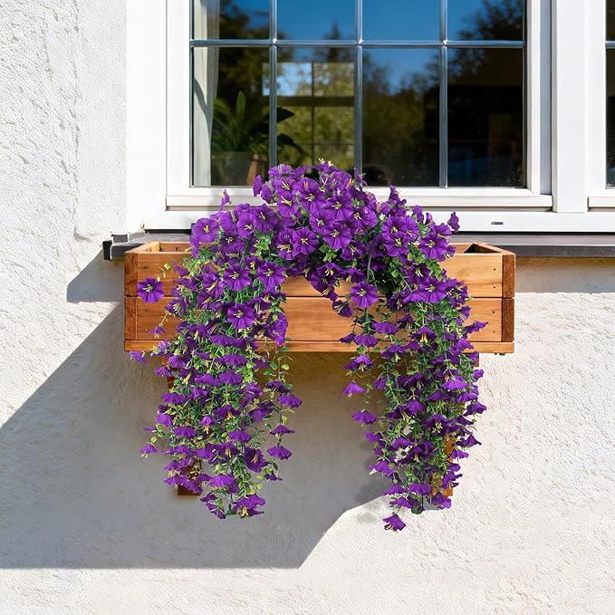 Artificial Hanging Flowers for Outdoors, 2 PCS UV Resistant Faux Silk 150 Morning Glory Each Trailing Vines, Fake Plants for Spring Outdoor Garden Planter Porch Patio Decoration, Purple