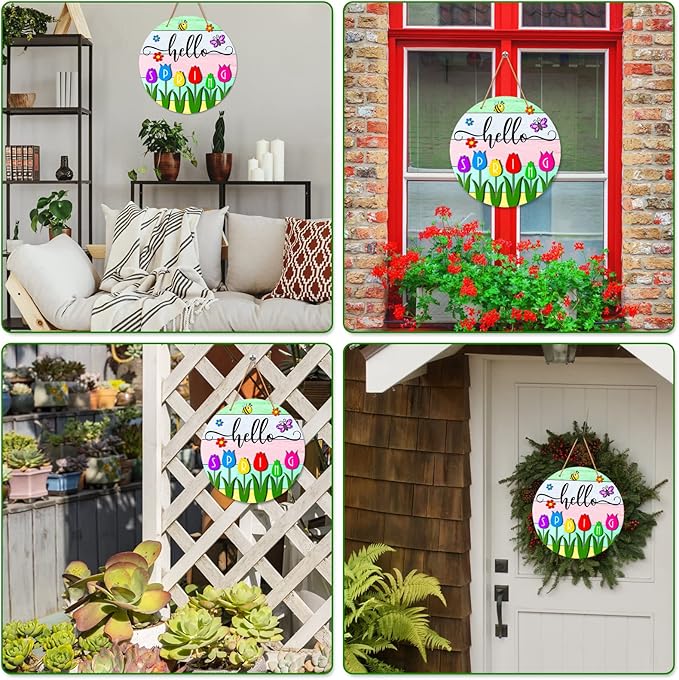 JUESMOS Hello Spring Door Decorations Colorful Tulip Flowers Spring Wreath Sign for Front Door Welcome Spring Door Sign Farmhouse Spring Decorations for Home Wreath Wall Porch Indoor Outdoor