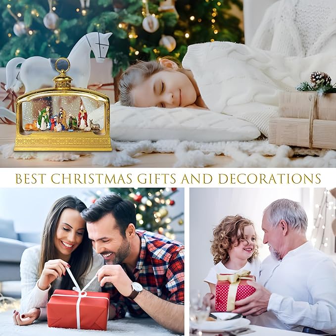 Christmas Snow Globes, 11.4" Nativity Glitter Water Lantern with Song, 6H Timer Battery & USB Powered Music Box for Christmas Decorations Indoor