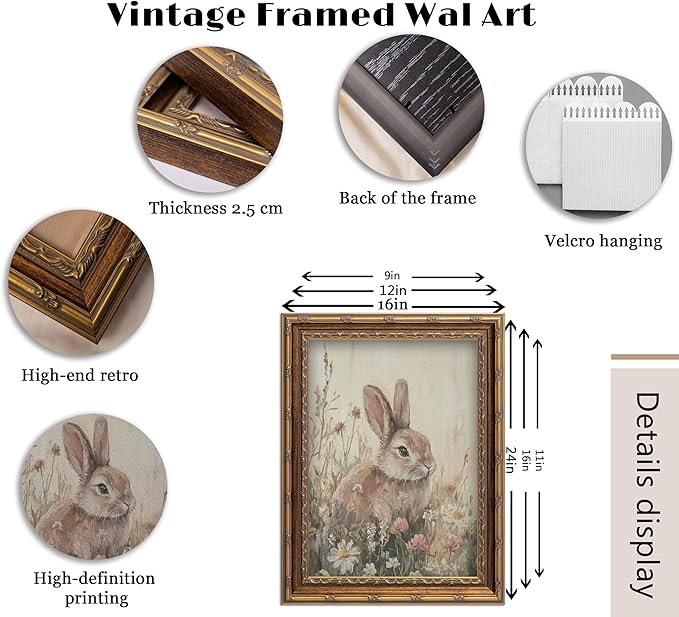 Vintage Gold Framed Bunny Wall Art, Spring Rabbit and Wildflowers Cottagecore Painting Canvas Print, Country Animal Picture Wall Decor, Rustic Farmhouse Floral Poster Artwork for Living Room Bedroom