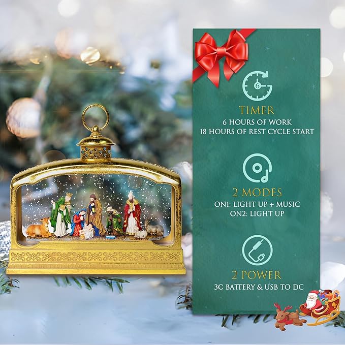 Christmas Snow Globes, 11.4" Nativity Glitter Water Lantern with Song, 6H Timer Battery & USB Powered Music Box for Christmas Decorations Indoor
