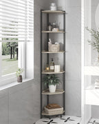 Hzuaneri Corner Shelf Stand, Corner Bookshelf, Storage Standing Shelf Unit with Metal Frame, Plant Stand, Bookcase for Living Room, Home Office, Bedroom, 6-Tier Greige CS06005B