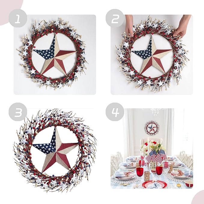 TEMPUS 18" Patriotic Wreath with Burlap Flag Star Artificial 4th of July Decor for Front Door, Indoor Wall & Gifting