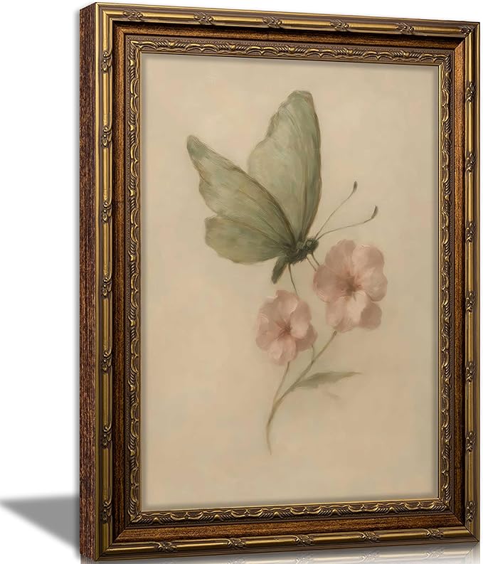 Vintage Gold Framed Wall Art, Retro Butterfly and Pink Flower Oil Painting Canvas Prints, Beige Insect Picture, Rustic Farmhouse Moth Cottagecore Poster Artwork for Living Room Bedroom Bathroom