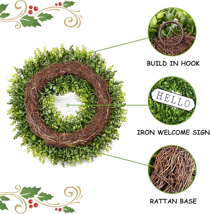 DDHS Large Boxwood Wreath Front Door 24'' Artificial Spring Wreaths for Front Door Farmhouse Wedding Green Year Round Indoor Outdoor for Summer Wreath st Patrick's Day Decoration -(Hello Sign)