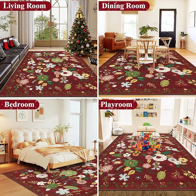 U'Artlines Red Christmas Area Rug 8x10,Floral Large Rugs for Living Room, Non Slip Non Shedding Floral Vintage Low Pile Carpet for Bedroom, Dining Room,Classroom,Farmhouse,Office (Red)