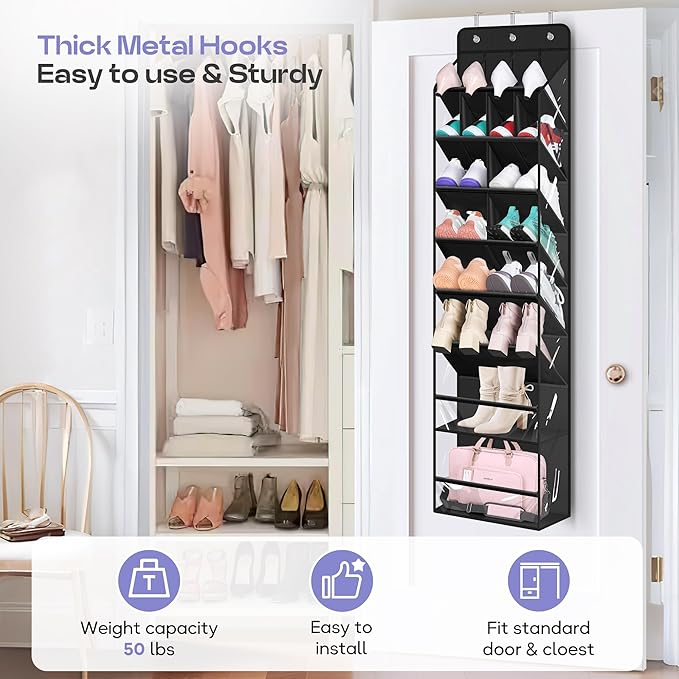 MISSLO Clear Over the Door Shoe Organizer Large Deep Pockets Hanging Shoe Rack for Closet Fit 20 Pairs Shoe Holder for Sneakers Boots Storage, Black