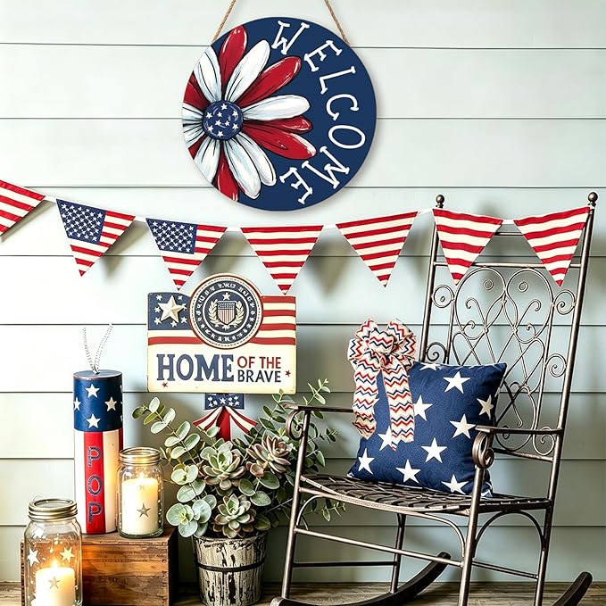 4th of July Decorations Memorial Day Door Sign 12x12 Inch American Patriotic Wood Door Hanger Independence Day Wreath Red White Blue Flower Welcome Hanging Sign for Front Porch Farmhouse Decorations