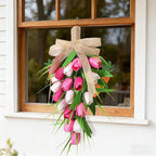 Spring Swags for Front Door Artifical Tulips Teardrop Swag with Burlap Bow Hanging Decorative Easter Wreath for Porch Wall Mother's Day 8.7x15.8 inch