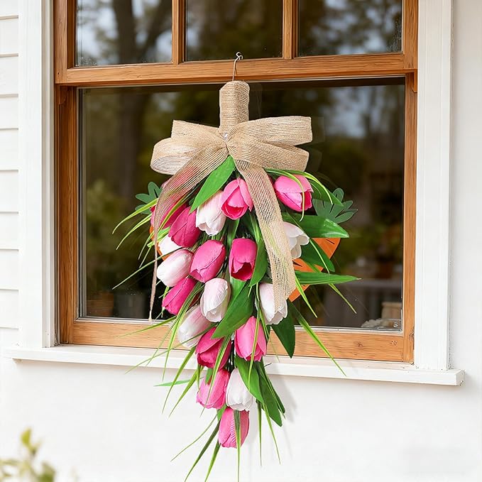 Spring Swags for Front Door Artifical Tulips Teardrop Swag with Burlap Bow Hanging Decorative Easter Wreath for Porch Wall Mother's Day 8.7x15.8 inch