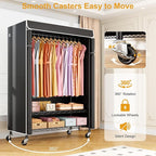 P6C Plus Rolling Clothes Rack with Cover, Covered Clothing Rack Heavy Duty, Portable Closet for Hanging Clothes, Garment Rack on Wheels, Black Closet Rack with Black Cover, Max Load 375LBS