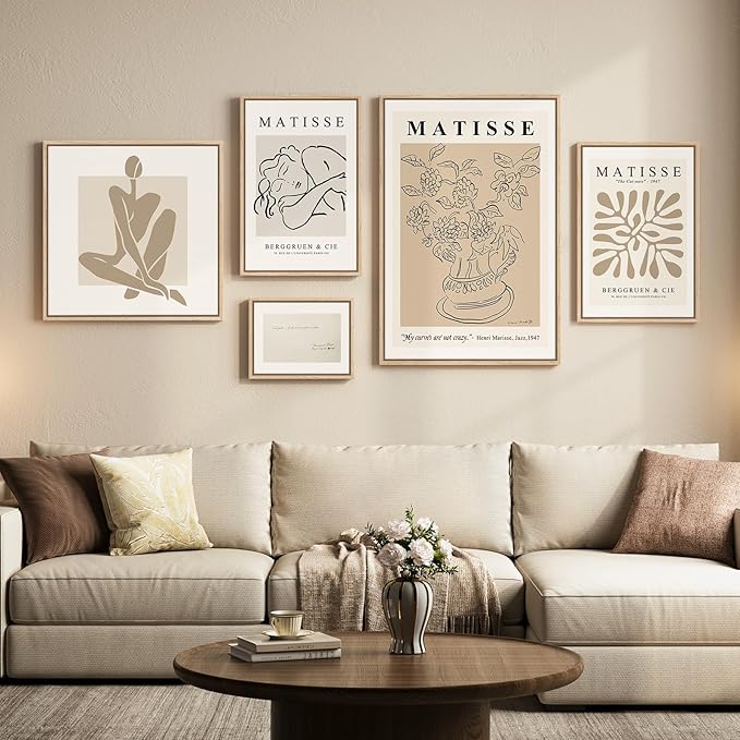 Large Framed Matisse Wall Art Set of 5, Neutral Beige Abstract Geometric Botanical Canvas Prints, Modern Minimalist Wall Decor for Living Room, Bedroom, Dining Room, Hallway, or Office