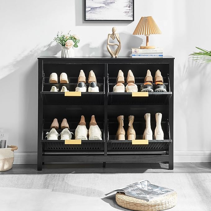 4 Flip Drawers Shoe Cabinet Storage for Entryway, Narrow Hidden Shoes Organizer Wood Cabinet Front Door Free Standing Entrance Thin Front Door Shoe Rack Storage for Entryway(Black)