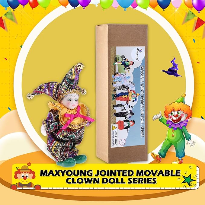 Maxyoung 8 Inch Italian Eros Porcelain Doll, Cute Triangel Clown Dolls, Vintage Figurine, Collectible Toys, Christmas Halloween Birthday Gift, Movable Joints, Colorful