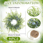 4 PCS Mini Blueberry Kitchen Cabinet Wreaths Artificial Spring Summer Farmhouse Hanging Wreaths Rustic Cedar Greenery Wreath with Burlap Bow for Front Door Cabinet Wall Window Wedding Home Decor