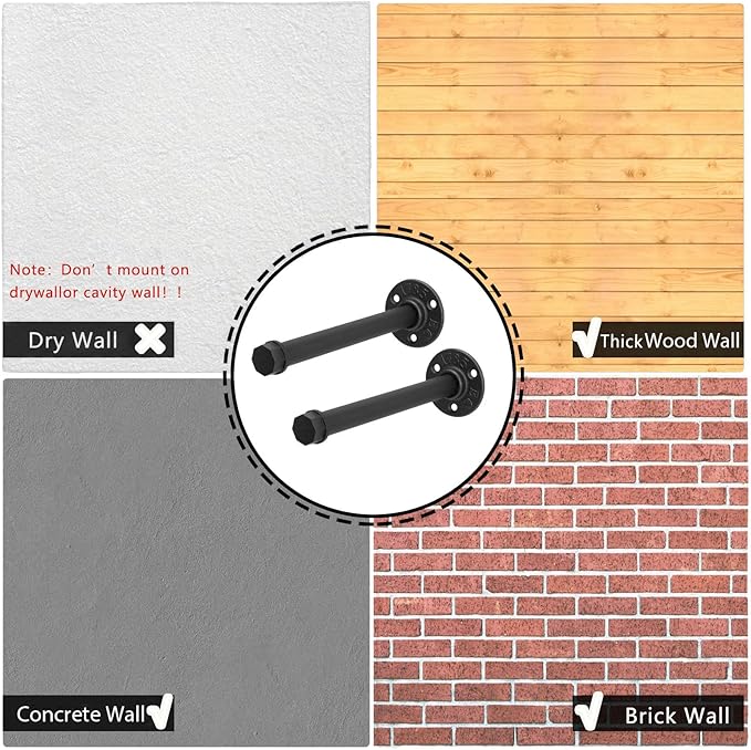 2 Pcs 8 Inch Industrial Pipe Clothes Rack DIY Wall Mounted, Heavy Duty Rustic Vintage Clothing Rod, Metal Garment Bar Multi-Purpose Hanging for Bedroom, Bathroom, Cabinet and Laundry Room