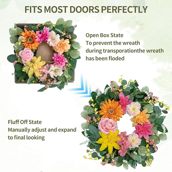 Spring Wreaths for Front Door 24 Inch,Outdoor Front Door Wreath with Florals Peony & Rose, Artificial Spring Summer Wreath for Porch Garden Wall Window Farmhouse Indoor Outdoor Home Decor