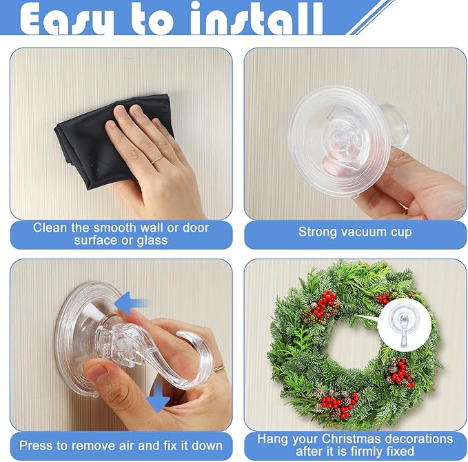 Wonderjune 6 Pcs Wreath Door Hanger Clear Heavy Duty Suction Cup Hooks 11 lb Removable Reusable Window Glass Door Wreath Holder for Christmas Kitchen Shower Bathroom Decorations