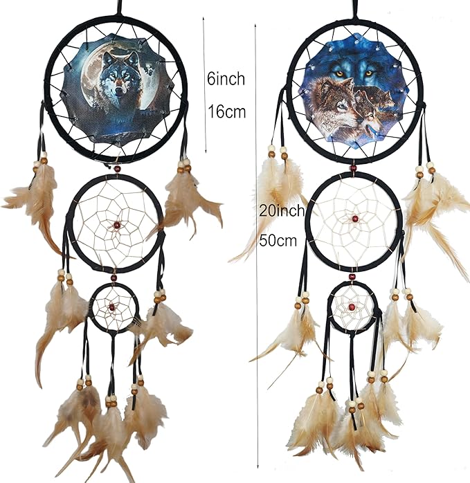 Remorelt Wolf Eagle Bear Dream Catcher Bedroom Wall Decor, Christmas Home Decoration, Room Accessory, White Moon Feather Decoration - Unique Home Craft Wall Pendant (DC25 6Inch Set 2 Wolf)
