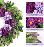 Summer Wreaths for Front Door, 24 Inch Summer Wreath Purple Floral with Hydrangea Ranunculus Flower Summer Door Wreaths for Porch Entryways Wall Window Farmhouse Party Home Seasonal Decor