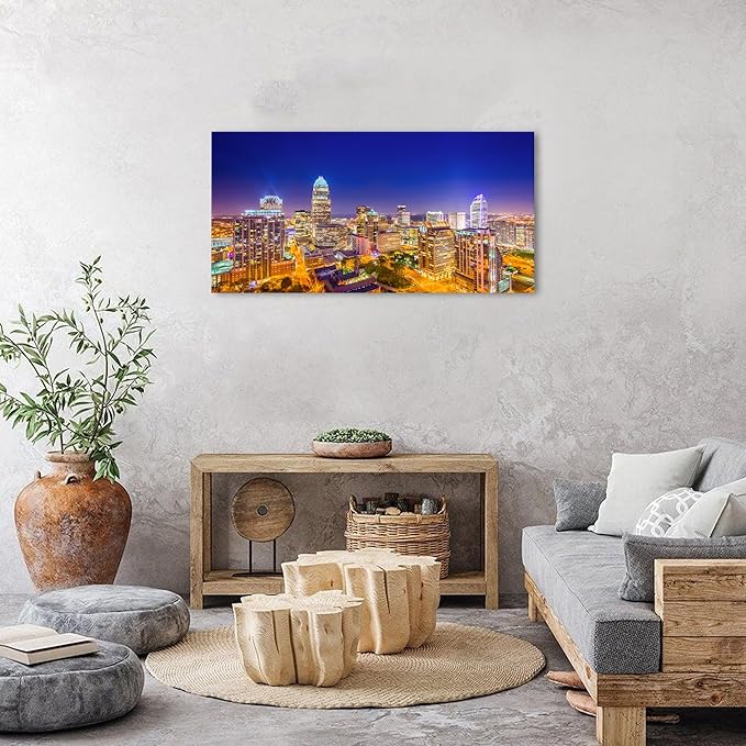 Charlotte Skyline Wall Art North Carolina City Wall Art Decor for Office Living Room Night View Cityscape Canvas Prints Pictures Modern Skyscraper Building Landscape Artwork Home Decoration 20x40"