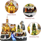 MUMTOP Christmas Village Snow Church with Rotating Train, Light Up Animated Moving Skaters and Christmas Tree with Music for Indoor Holiday Xmas Tabletop Decor