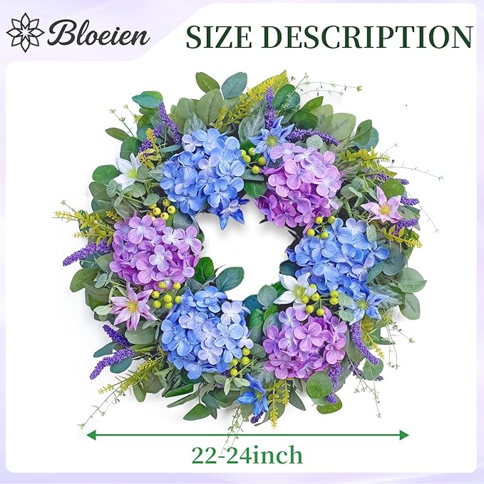 24 Inch Spring Summer Wreaths for Front Door - Blue & Purple Hydrangea Spring Door Wreath, Monet-Inspired Floral Decor with Hydrangea and Clematis for French Country, Spring and Summer, Indoor Outdoor